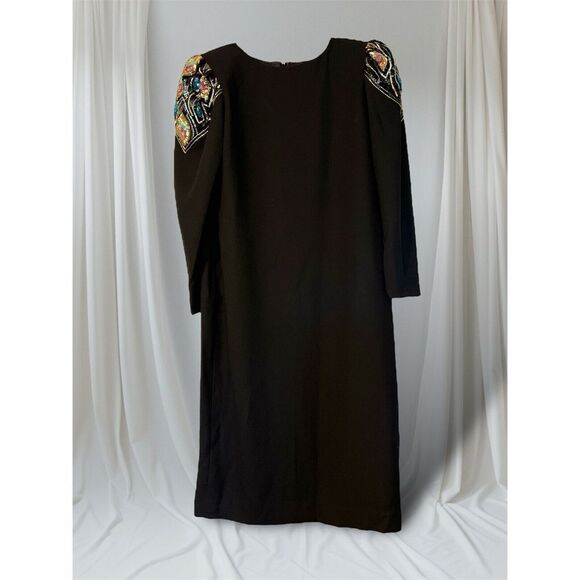 Rare Vtg Jack Bryan Stunning Evening Chiffon, Dress Black‎ And Gold Sequined - Picture 2 of 4